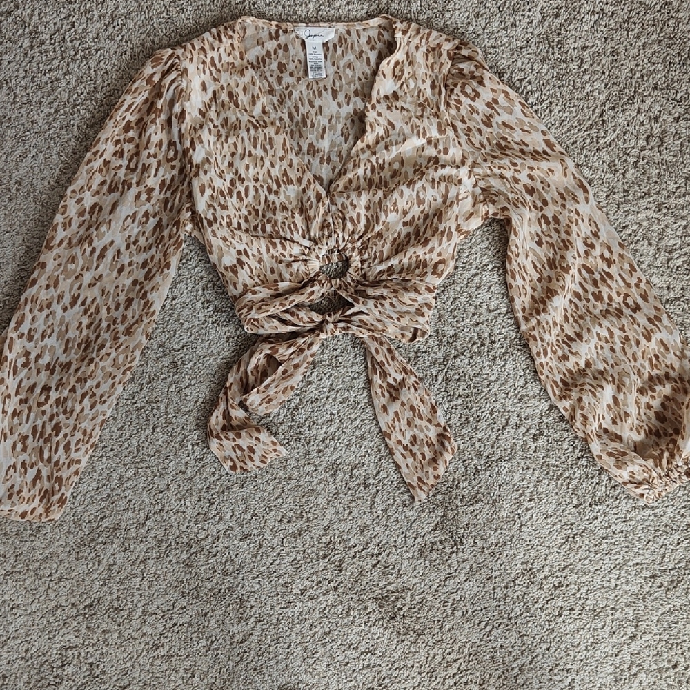 2/ $10. Japna Tan Leopard Print Tie-Front Blouse